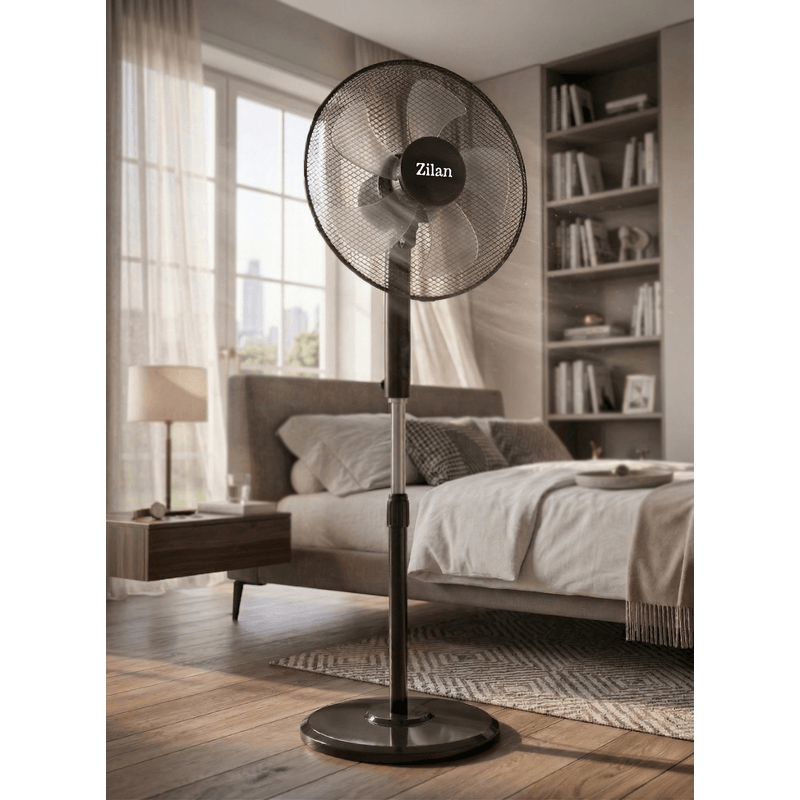 Electronice si Electrocasnice - Climatizare si sisteme de incalzire - Aparate racire aer - Ventilatoare - Ventilator cu Picior cu 5 palete Zilan ZLN4642, 3 Trepte de viteza, Telecomanda, Inaltime reglabila, Diametru 43 cm, 48W - Infinity.ro