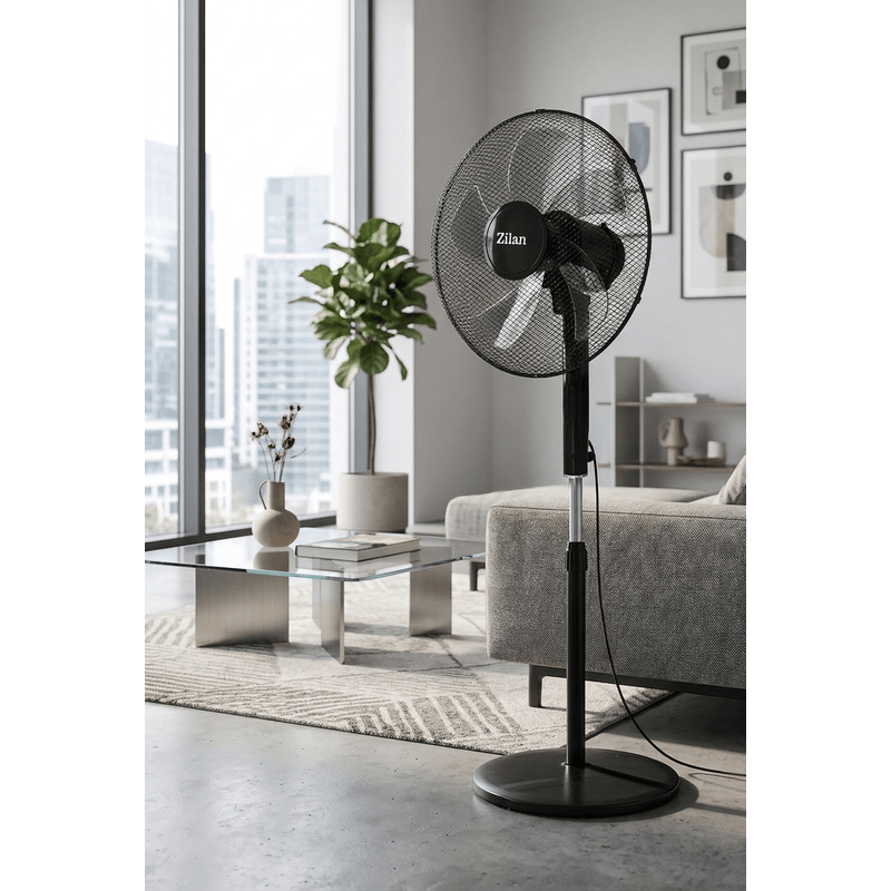 Electronice si Electrocasnice - Climatizare si sisteme de incalzire - Aparate racire aer - Ventilatoare - Ventilator cu Picior cu 5 palete Zilan ZLN4642, 3 Trepte de viteza, Telecomanda, Inaltime reglabila, Diametru 43 cm, 48W - Infinity.ro