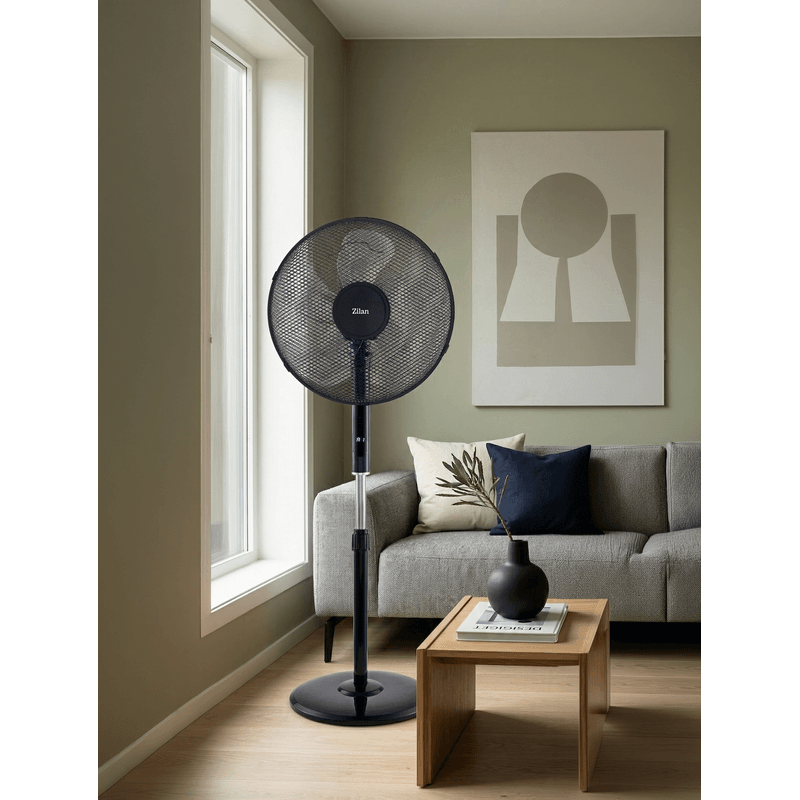 Electronice si Electrocasnice - Climatizare si sisteme de incalzire - Aparate racire aer - Ventilatoare - Ventilator cu Picior cu 5 palete Zilan ZLN4642, 3 Trepte de viteza, Telecomanda, Inaltime reglabila, Diametru 43 cm, 48W - Infinity.ro