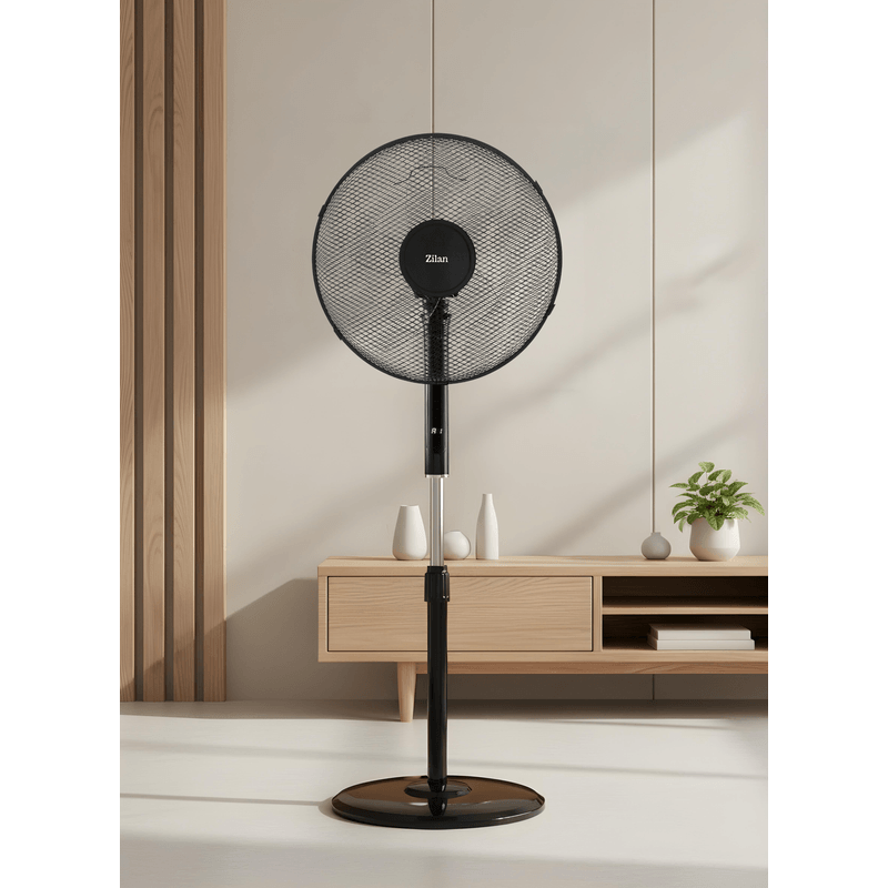 Electronice si Electrocasnice - Climatizare si sisteme de incalzire - Aparate racire aer - Ventilatoare - Ventilator cu Picior cu 5 palete Zilan ZLN4642, 3 Trepte de viteza, Telecomanda, Inaltime reglabila, Diametru 43 cm, 48W - Infinity.ro