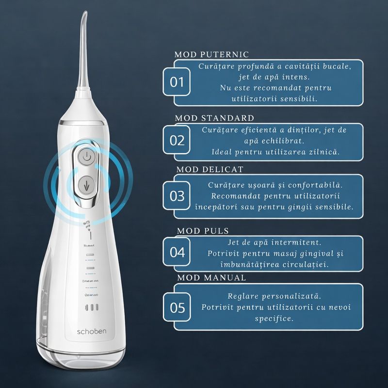 Ingrijire personala si Cosmetice - Igiena dentara - Irigatoare bucale - Irigator Bucal Profesional, Adsinio, 4 Capete, 5 Trepte de Presiune, Rezervor Detasabil 300ml, Alb - Infinity.ro
