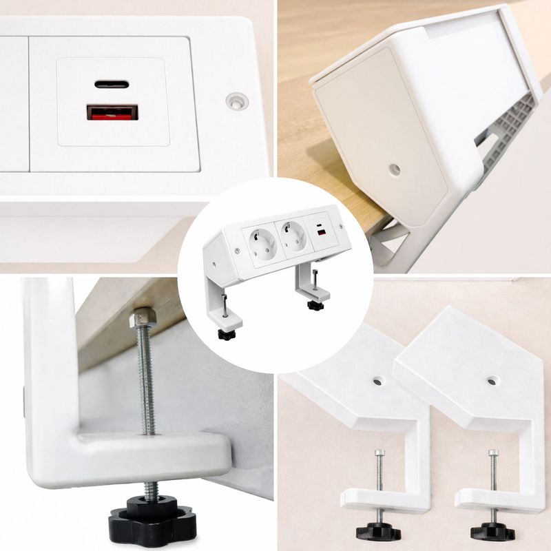 Casa si Gradina - Electrice - Prize - Priza cu Clipsare Pentru Birou, Adsinio, 2 Schuko, 1 USB-A, 1 USB-C, 16A, Incarcare Rapida, Alb - Infinity.ro