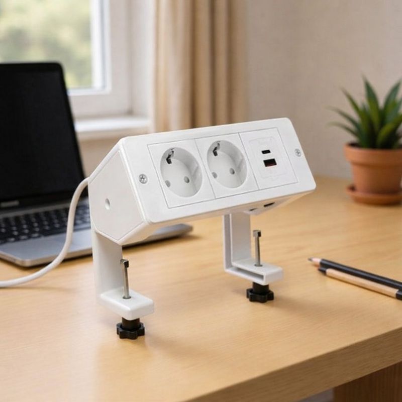 Casa si Gradina - Electrice - Prize - Priza cu Clipsare Pentru Birou, Adsinio, 2 Schuko, 1 USB-A, 1 USB-C, 16A, Incarcare Rapida, Alb - Infinity.ro