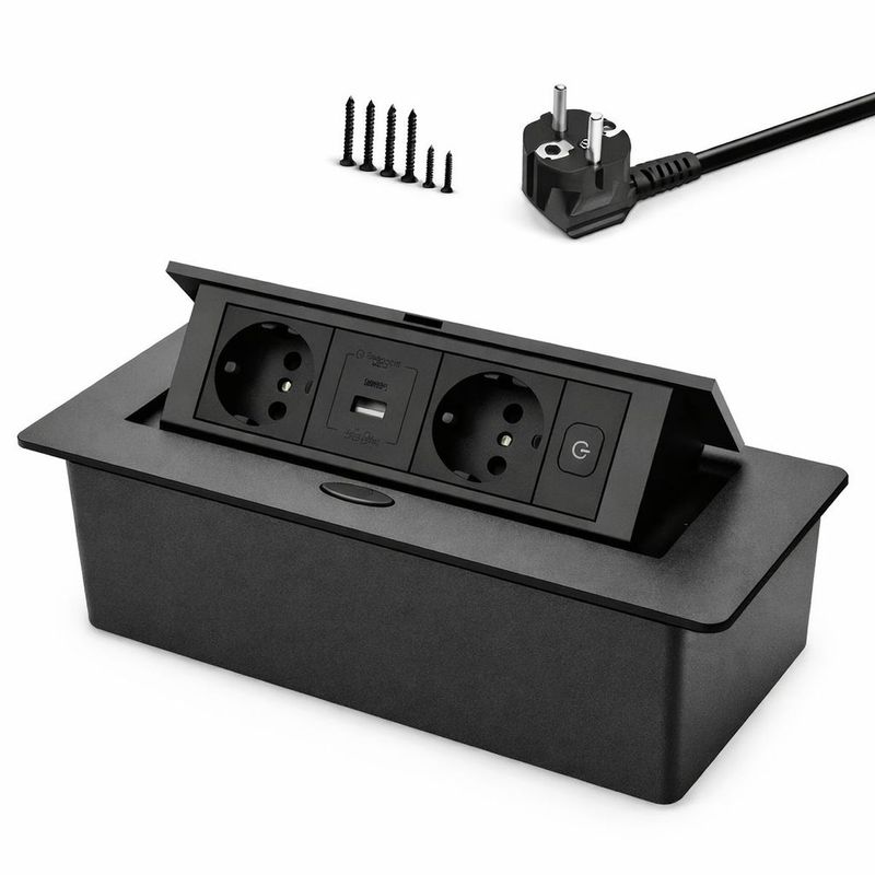Casa si Gradina - Electrice - Prize - Priza Incorporabila in Blat, Adsinio,Retractabila, 2 Schuko, 1 USB-A, 1 USB-C, 16A, 220-240V, Negru - Infinity.ro