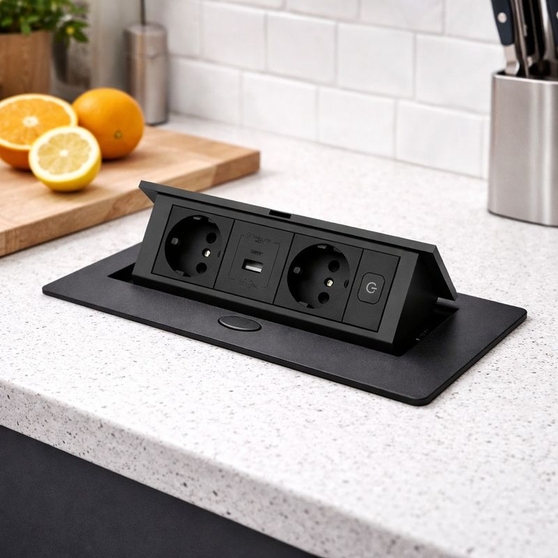Casa si Gradina - Electrice - Prize - Priza Incorporabila in Blat, Adsinio,Retractabila, 2 Schuko, 1 USB-A, 1 USB-C, 16A, 220-240V, Negru - Infinity.ro