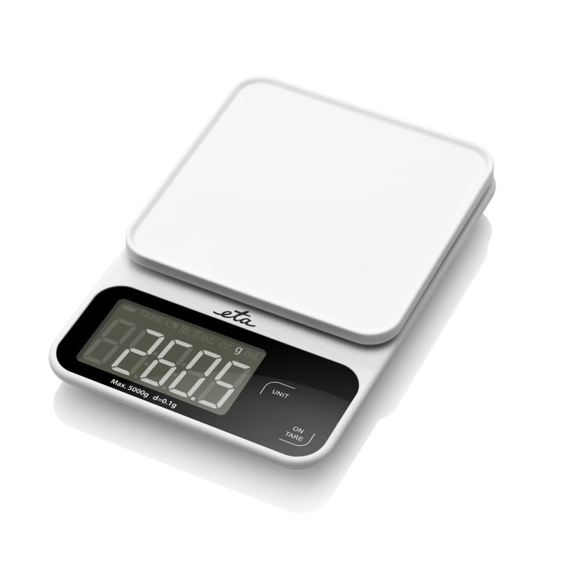 Electronice si Electrocasnice - Electrocasnice bucatarie - Mixere, tocatoare & roboti de bucatarie - Cantare de bucatarie - Cantar de bucatarie ETA Popi 6770 90000, 5 Kg, precizie 0.1 g, afisaj LCD, functie TARA, alb - Infinity.ro