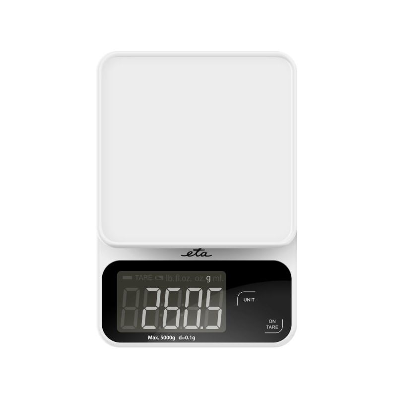 Electronice si Electrocasnice - Electrocasnice bucatarie - Mixere, tocatoare & roboti de bucatarie - Cantare de bucatarie - Cantar de bucatarie ETA Popi 6770 90000, 5 Kg, precizie 0.1 g, afisaj LCD, functie TARA, alb - Infinity.ro