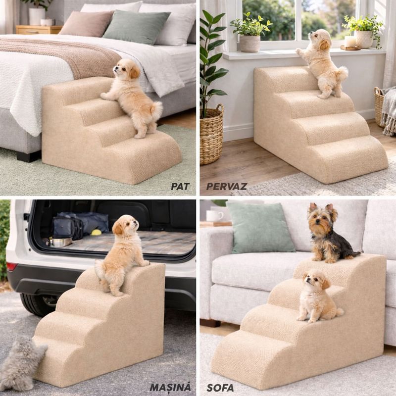 Petshop - Accesorii petshop - Culcusuri si custi - Accesorii culcusuri si custi - Scara pentru Caini si Pisici Linomag® 4 Trepte, Antiderapanta, Spuma Densa, Husa Detasabila si Lavabila, Bej - Infinity.ro