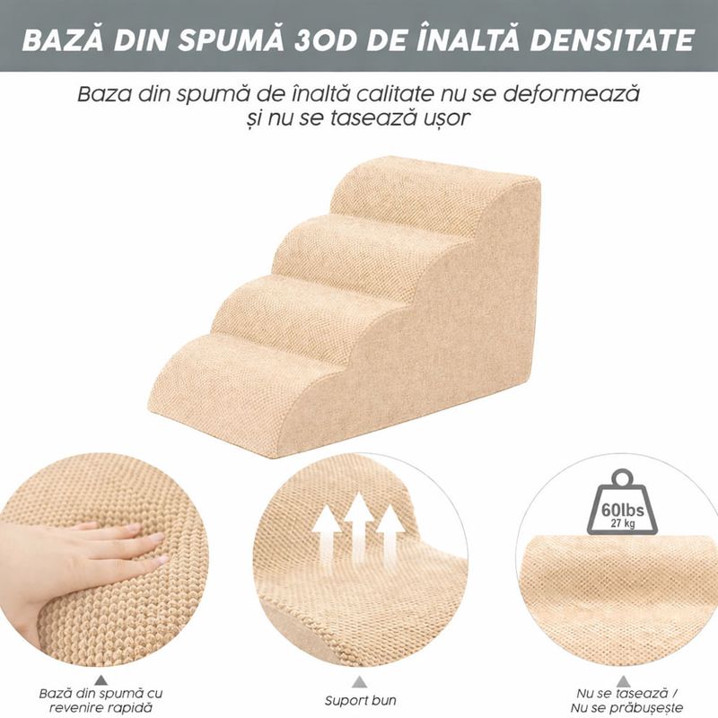 Petshop - Accesorii petshop - Culcusuri si custi - Accesorii culcusuri si custi - Scara pentru Caini si Pisici Linomag® 4 Trepte, Antiderapanta, Spuma Densa, Husa Detasabila si Lavabila, Bej - Infinity.ro