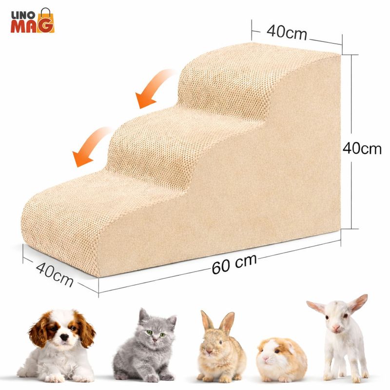 Petshop - Accesorii petshop - Culcusuri si custi - Accesorii culcusuri si custi - Scara pentru Caini si Pisici Linomag®, 3 Trepte, Antiderapanta, Spuma Densa, Husa Detasabila si Lavabila, Bej - Infinity.ro