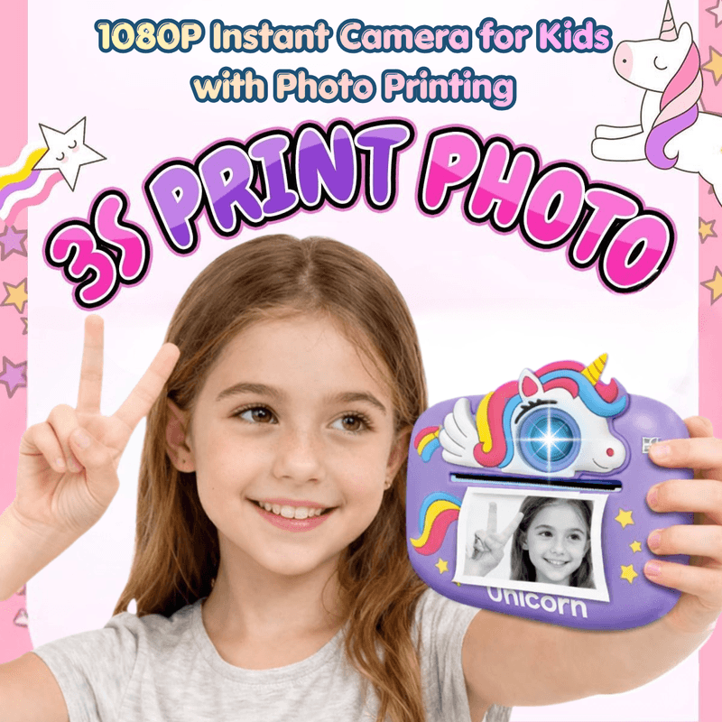 Jucarii, Copii si Bebe - Jucarii si jocuri - Jucarii & jocuri educative - Laptopuri, tablete si gadget-uri copii - Camera Foto Instant pentru Copii, Forma Unicorn, 1080P, Printare Foto Instant, Qova®, Ecran 2.4” IPS, Video HD - Infinity.ro