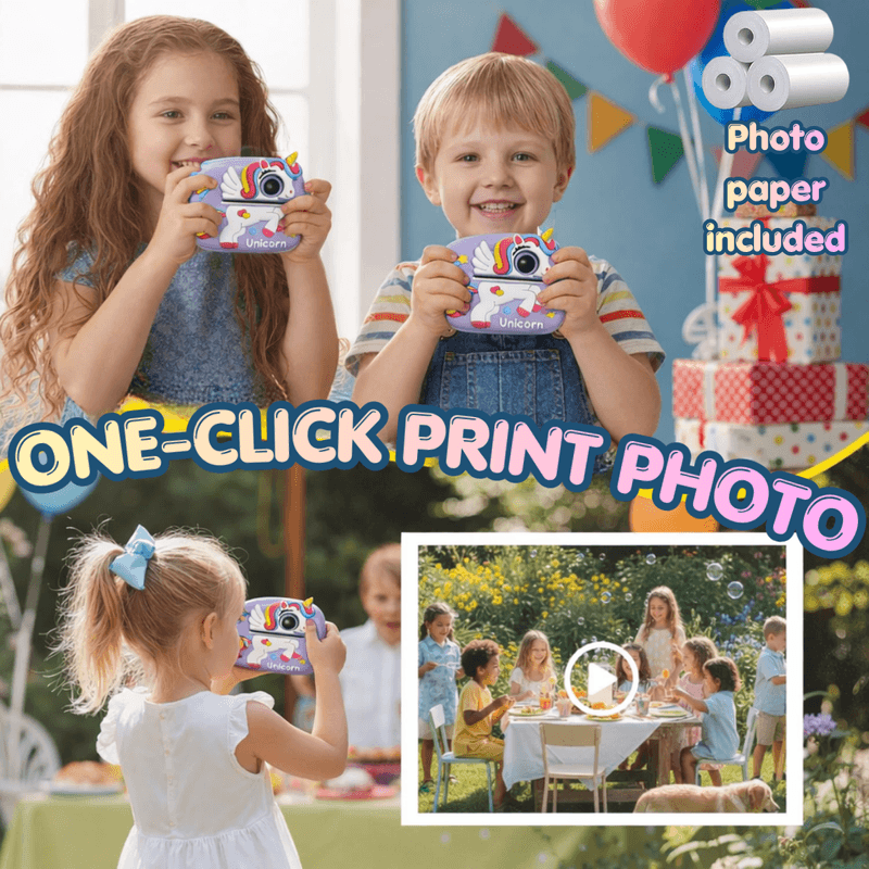 Jucarii, Copii si Bebe - Jucarii si jocuri - Jucarii & jocuri educative - Laptopuri, tablete si gadget-uri copii - Camera Foto Instant pentru Copii, Forma Unicorn, 1080P, Printare Foto Instant, Qova®, Ecran 2.4” IPS, Video HD - Infinity.ro
