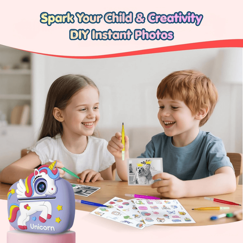 Jucarii, Copii si Bebe - Jucarii si jocuri - Jucarii & jocuri educative - Laptopuri, tablete si gadget-uri copii - Camera Foto Instant pentru Copii, Forma Unicorn, 1080P, Printare Foto Instant, Qova®, Ecran 2.4” IPS, Video HD - Infinity.ro