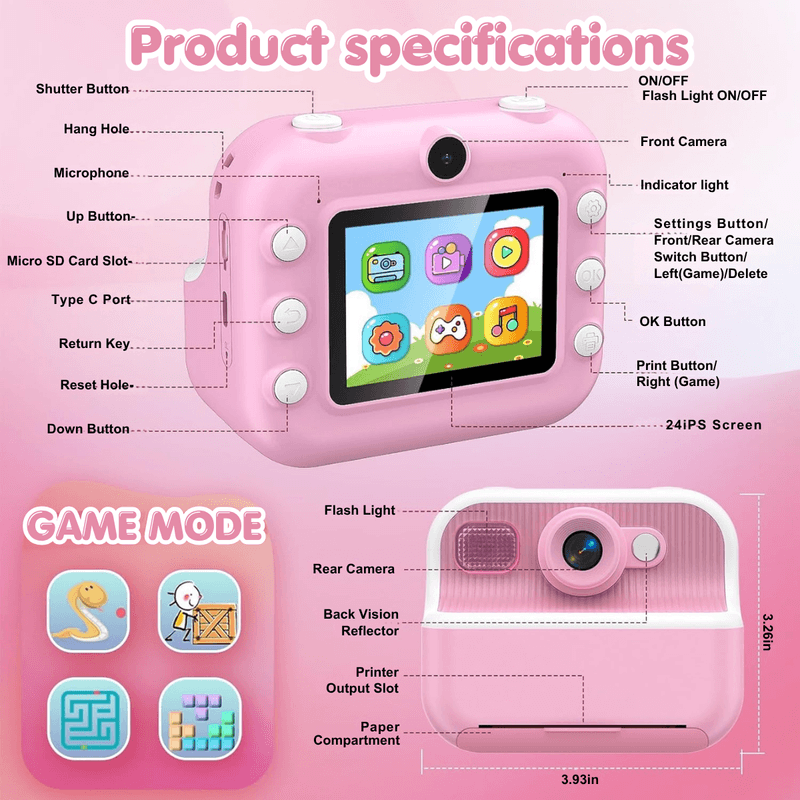 Jucarii, Copii si Bebe - Jucarii si jocuri - Jucarii & jocuri educative - Laptopuri, tablete si gadget-uri copii - Camera Foto Instant Copii Printare, 1080P HD Video, Dual Camera Selfie, Printare Foto Instant, Qova®,3-12 Ani, Roz - Infinity.ro