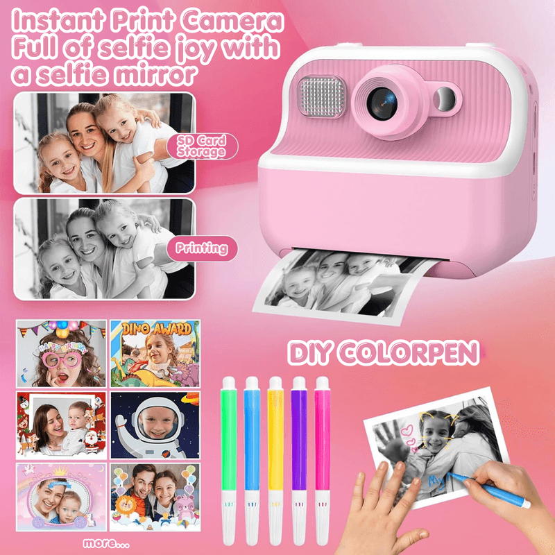 Jucarii, Copii si Bebe - Jucarii si jocuri - Jucarii & jocuri educative - Laptopuri, tablete si gadget-uri copii - Camera Foto Instant Copii Printare, 1080P HD Video, Dual Camera Selfie, Printare Foto Instant, Qova®,3-12 Ani, Roz - Infinity.ro