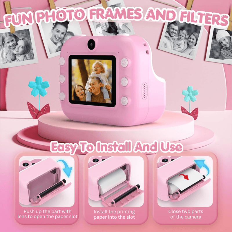 Jucarii, Copii si Bebe - Jucarii si jocuri - Jucarii & jocuri educative - Laptopuri, tablete si gadget-uri copii - Camera Foto Instant Copii Printare, 1080P HD Video, Dual Camera Selfie, Printare Foto Instant, Qova®,3-12 Ani, Roz - Infinity.ro