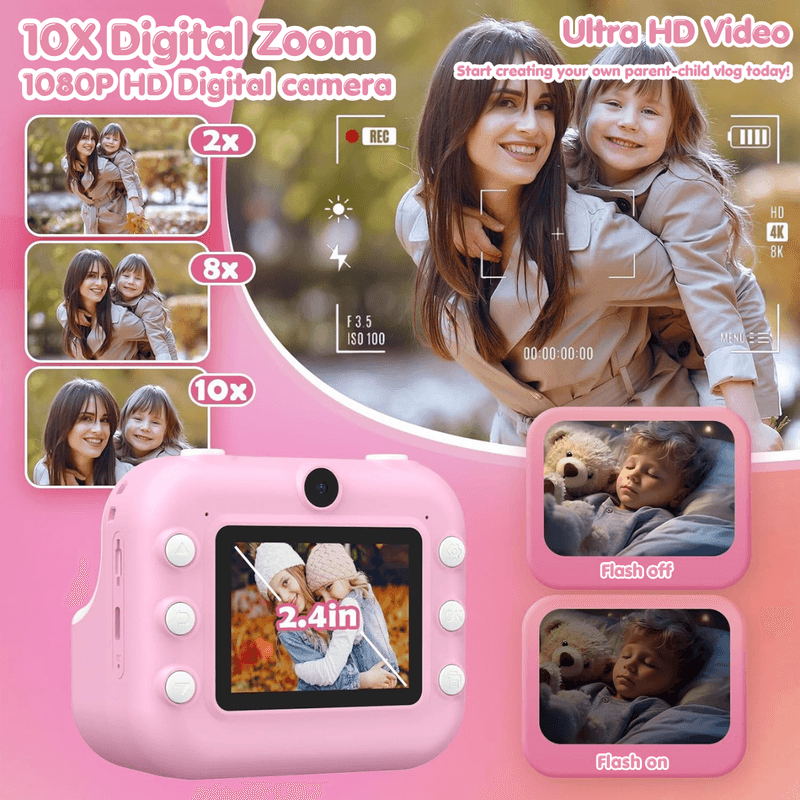 Jucarii, Copii si Bebe - Jucarii si jocuri - Jucarii & jocuri educative - Laptopuri, tablete si gadget-uri copii - Camera Foto Instant Copii Printare, 1080P HD Video, Dual Camera Selfie, Printare Foto Instant, Qova®,3-12 Ani, Roz - Infinity.ro