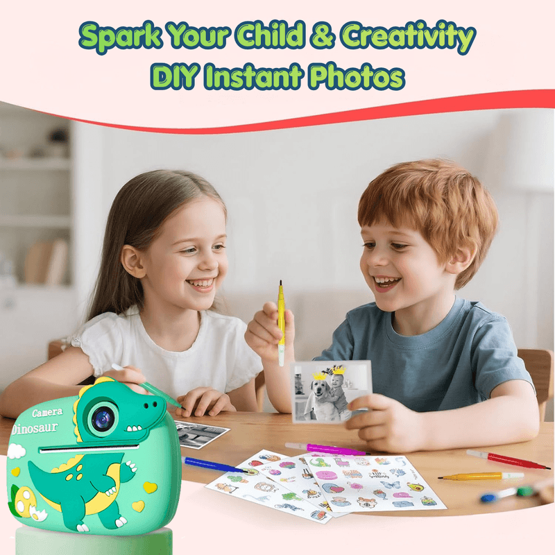Jucarii, Copii si Bebe - Jucarii si jocuri - Jucarii & jocuri educative - Laptopuri, tablete si gadget-uri copii - Camera Foto Instant Copii, Dinozaur, 1080P, Printare Foto Instant, Qova®, 3-10 Ani, Printare Fara Cerneala, Verde - Infinity.ro