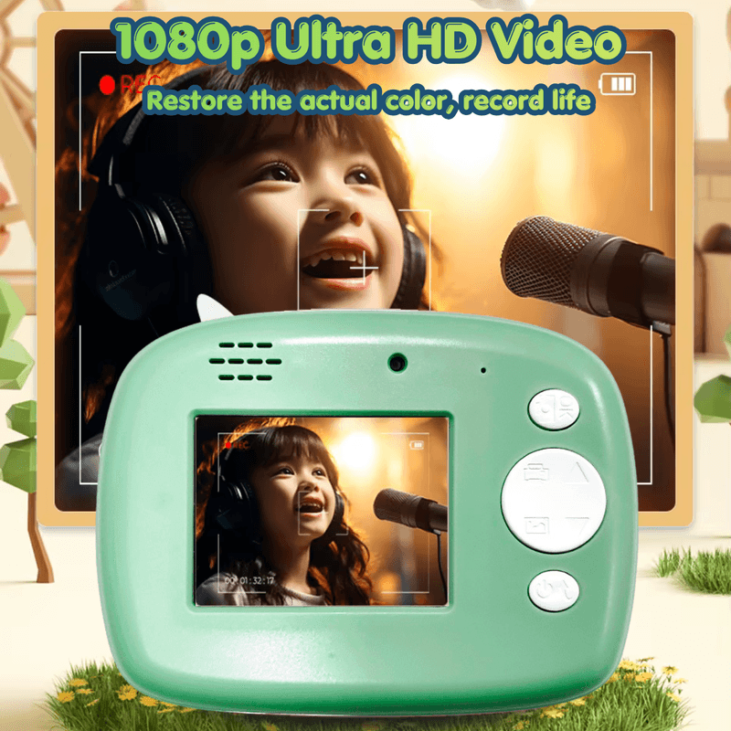 Jucarii, Copii si Bebe - Jucarii si jocuri - Jucarii & jocuri educative - Laptopuri, tablete si gadget-uri copii - Camera Foto Instant Copii, Dinozaur, 1080P, Printare Foto Instant, Qova®, 3-10 Ani, Printare Fara Cerneala, Verde - Infinity.ro