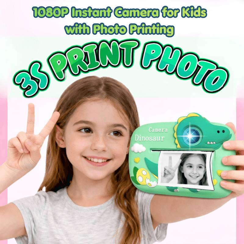 Jucarii, Copii si Bebe - Jucarii si jocuri - Jucarii & jocuri educative - Laptopuri, tablete si gadget-uri copii - Camera Foto Instant Copii, Dinozaur, 1080P, Printare Foto Instant, Qova®, 3-10 Ani, Printare Fara Cerneala, Verde - Infinity.ro