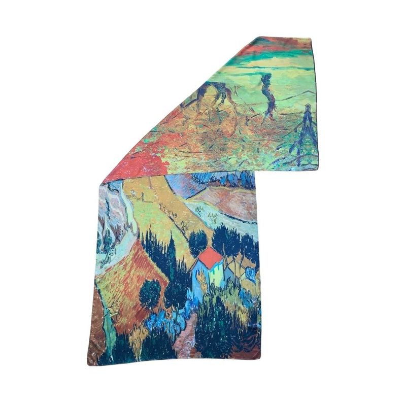 Fashion, accesorii si bijuterii - Femei - Accesorii femei - Esarfe si fulare femei - Esarfa tip sal doua fete pictata 3, Dacali, matase, portocaliu/verde inchis, 180x70cm - Infinity.ro