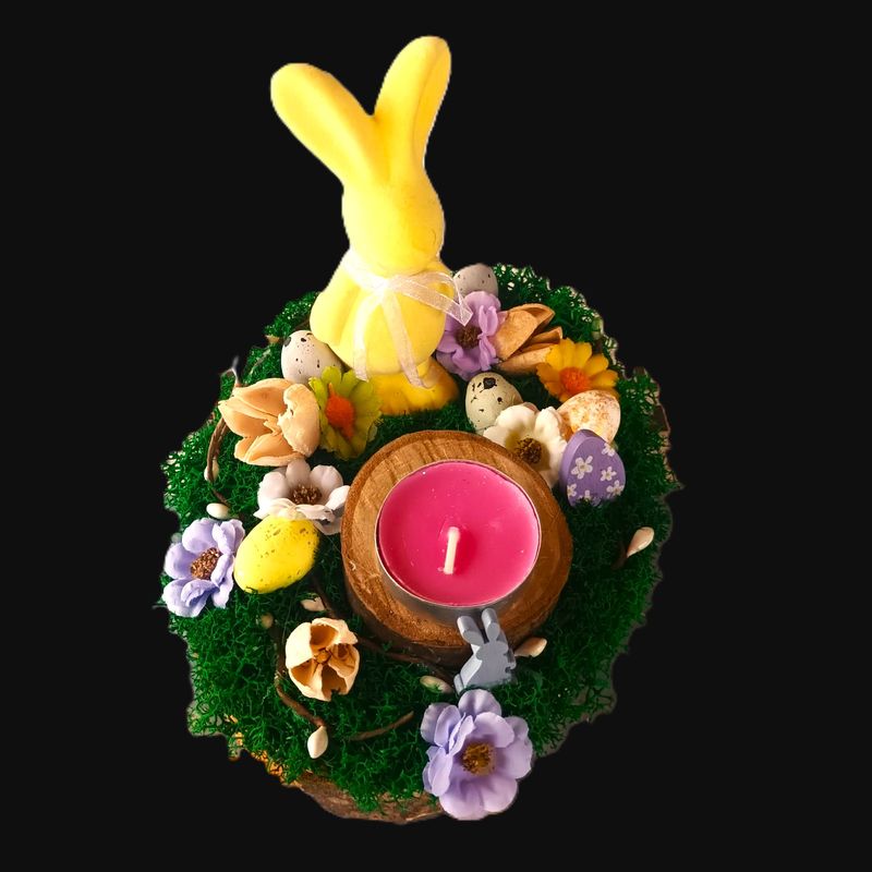 Market - Cadouri - Flori si aranjamente - Decoratiune pentru interior, aranjament cu licheni stabilizati si iepuras ceramic de Paste, cu lumanare, 18 cm - Infinity.ro