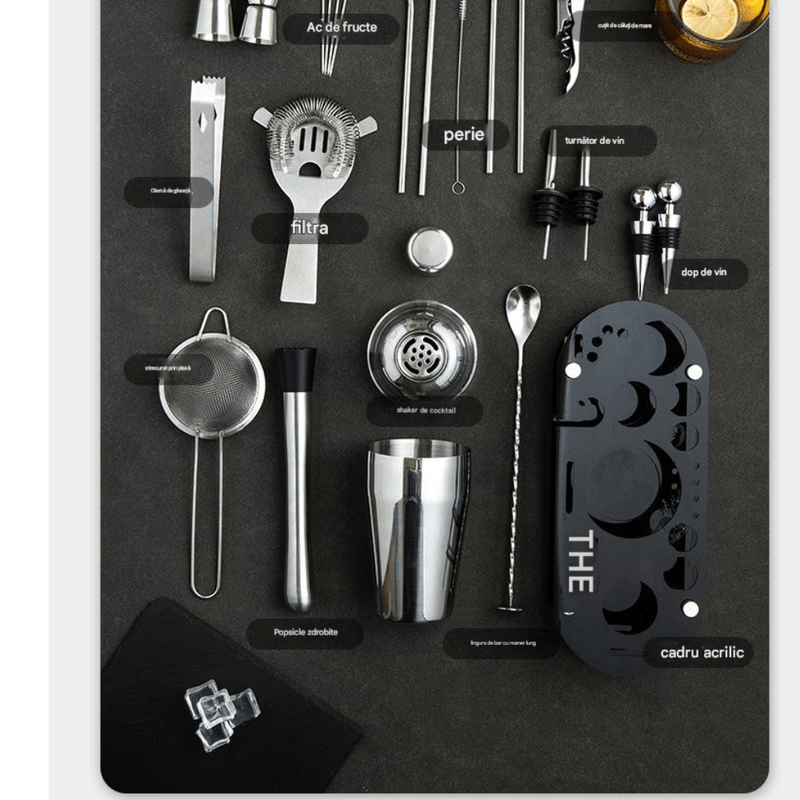 Casa si Gradina - Bucatarie si vesela - Accesorii bar - Shakere - Set Barman Arvada® ShakerPro, 23 Piese, Suport Acrilic, Shaker 700/600ml, Otel Inoxidabil, Kit Complet Preparare Bauturi - Infinity.ro