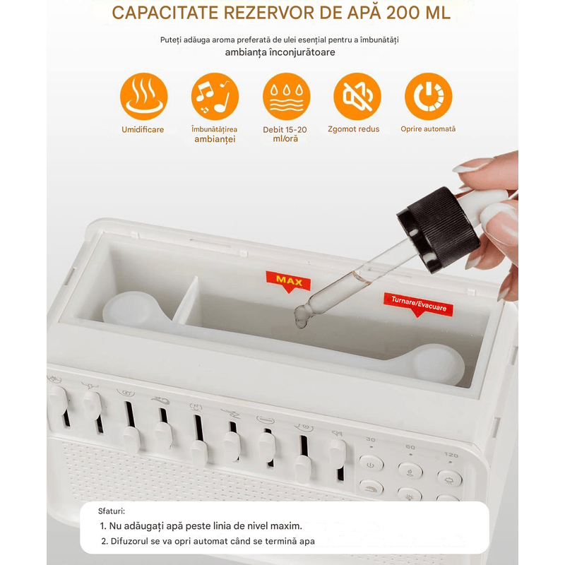 Casa si Gradina - Decoratiuni - Aromaterapie si lumanari - Difuzoare aromaterapie - Difuzor Aromaterapie Arvada Essence®, Bluetooth, Sunete Natura, 3 Niveluri Lumina, Temporizator, Adulti/Copii, Alb - Infinity.ro