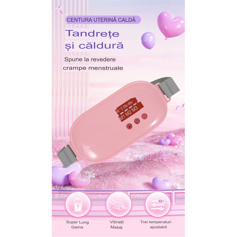 Ingrijire personala si Cosmetice - Sanatate si wellness - Articole wellness - Aparate si dispozitive de masaj - Centura Masaj si Incalzire Arvada® Relief, Anti Dureri Menstruale, 3 Trepte Vibratii, Portabil, Acumulator, Talie, Roz - Infinity.ro