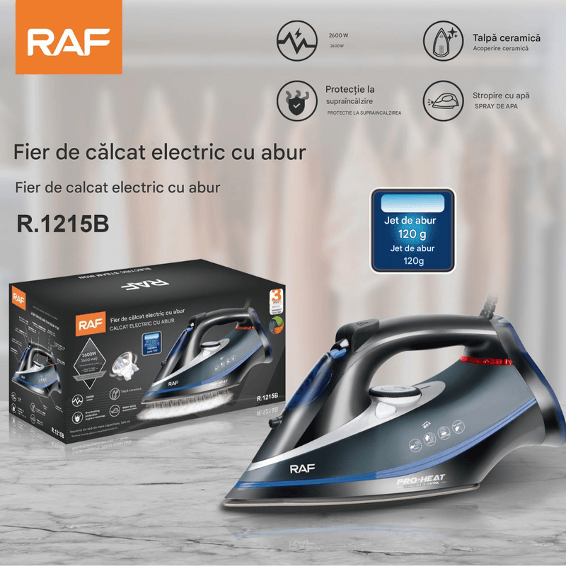Electronice si Electrocasnice - Ingrijirea tesaturilor - Fiare de calcat - Fier de calcat RAF R.1215J 2600W, talpa ceramica, jet abur 120g, abur reglabil, rezervor 270ml, protectie supraincalzire - Infinity.ro
