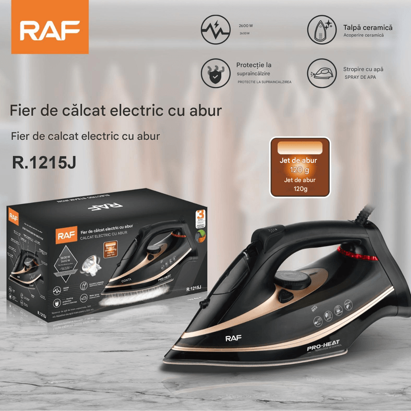 Electronice si Electrocasnice - Ingrijirea tesaturilor - Fiare de calcat - Fier de calcat RAF R.1215J 2600W, talpa ceramica, jet abur 120g, abur reglabil, rezervor 270ml, protectie supraincalzire - Infinity.ro