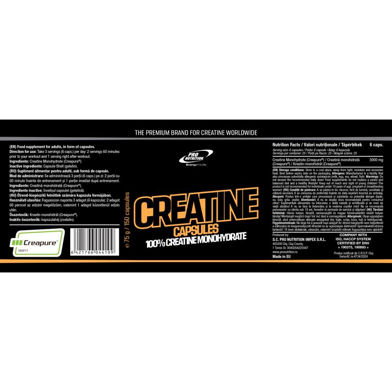 Ingrijire personala si Cosmetice - Sanatate si wellness - Nutritie sportiva - Creatina - Creatina monohidrata, Creatine Creapure®, 150 capsule x 500 mg - Infinity.ro