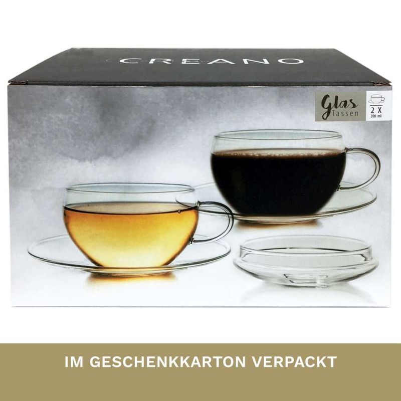 Casa si Gradina - Bucatarie si vesela - Cani si pahare - Cani si cesti - Set 2 cani din sticla Creano, 200 ml, cu farfurioara si capac, pentru ceai si cappuccino - Infinity.ro