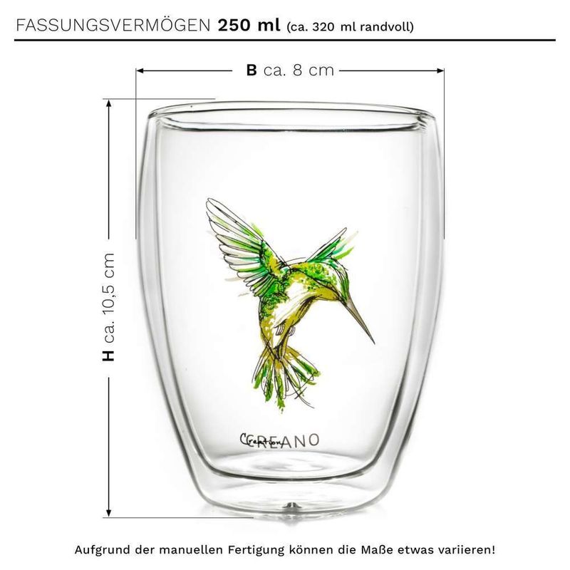 Casa si Gradina - Bucatarie si vesela - Cani si pahare - Pahare - Set 6 pahare termice Creano Hummi, 250 ml, sticla borosilicata, perete dublu, decor colibri - Infinity.ro