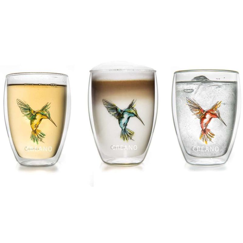 Casa si Gradina - Bucatarie si vesela - Cani si pahare - Pahare - Set 6 pahare termice Creano Hummi, 250 ml, sticla borosilicata, perete dublu, decor colibri - Infinity.ro