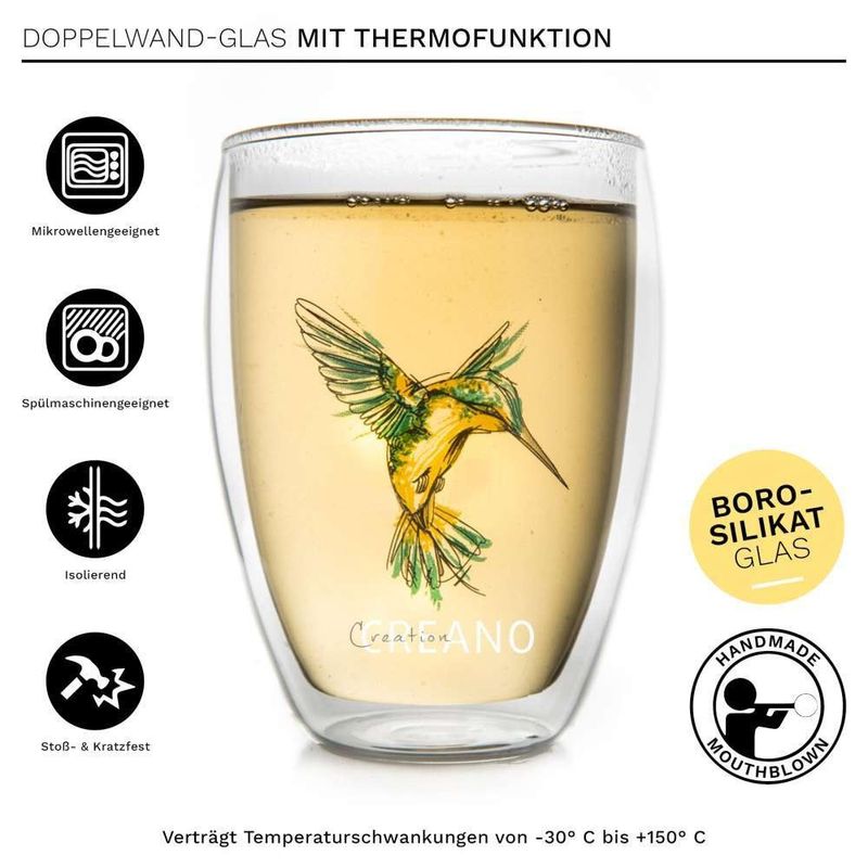 Casa si Gradina - Bucatarie si vesela - Cani si pahare - Pahare - Set 6 pahare termice Creano Hummi, 250 ml, sticla borosilicata, perete dublu, decor colibri - Infinity.ro