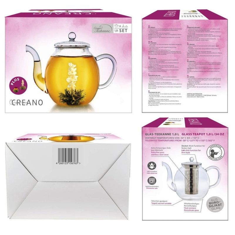 Casa si Gradina - Bucatarie si vesela - Vase pentru gatit - Ceainice si infuzoare - Ceainic din sticla Creano, 1 L, cu infuzor din inox, capac si 2 flori de ceai - Infinity.ro