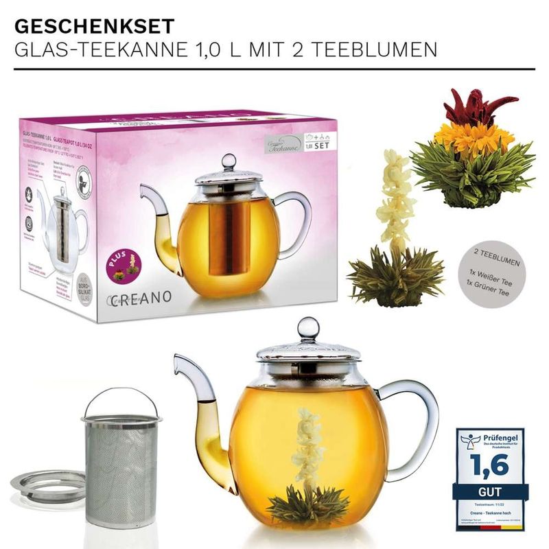 Casa si Gradina - Bucatarie si vesela - Vase pentru gatit - Ceainice si infuzoare - Ceainic din sticla Creano, 1 L, cu infuzor din inox, capac si 2 flori de ceai - Infinity.ro
