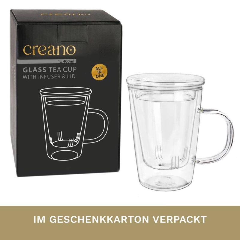 Casa si Gradina - Bucatarie si vesela - Vase pentru gatit - Ceainice si infuzoare - Cana pentru ceai Creano, 400 ml, sticla borosilicata, cu infuzor si capac din sticla - Infinity.ro