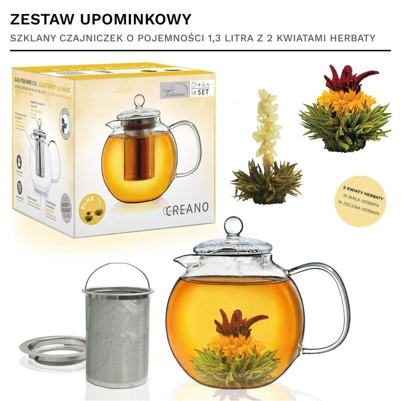 Casa si Gradina - Bucatarie si vesela - Vase pentru gatit - Ceainice si infuzoare - Ceainic din sticla Creano, 1,3 L, cu infuzor din inox, capac si 2 flori de ceai - Infinity.ro