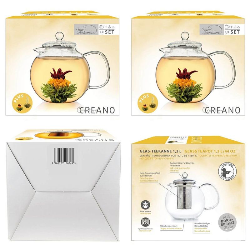 Casa si Gradina - Bucatarie si vesela - Vase pentru gatit - Ceainice si infuzoare - Ceainic din sticla Creano, 1,3 L, cu infuzor din inox, capac si 2 flori de ceai - Infinity.ro