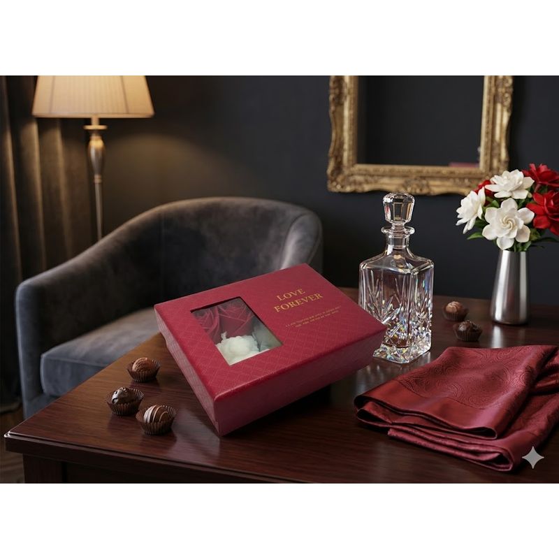 Market - Cadouri - Pachete si cosuri cadou - Set Cadou "Double Passion" - Cutie Grena, Ursuleț Alb, 2 Trandafiri Roșii și Lanț Inimă Duo - Infinity.ro