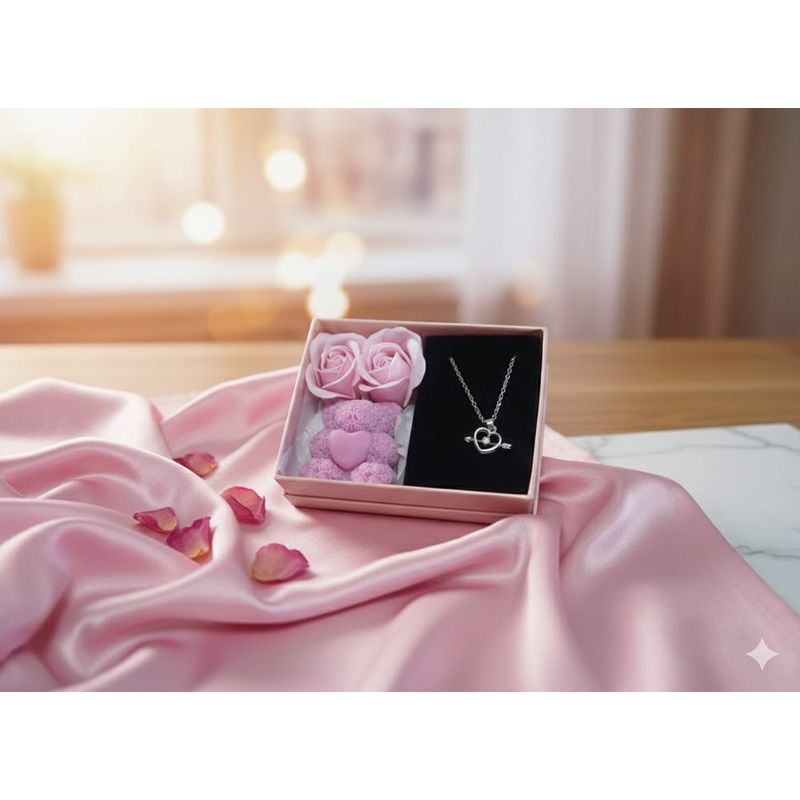 Market - Cadouri - Pachete si cosuri cadou - Set Cadou "Eternal Love" - Ursuleț de Spumă, 2 Trandafiri și Lanț Inimă cu Săgeată, Roz - Infinity.ro