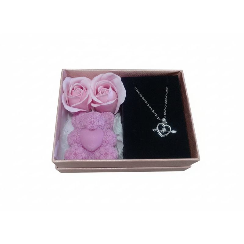 Market - Cadouri - Pachete si cosuri cadou - Set Cadou "Eternal Love" - Ursuleț de Spumă, 2 Trandafiri și Lanț Inimă cu Săgeată, Roz - Infinity.ro