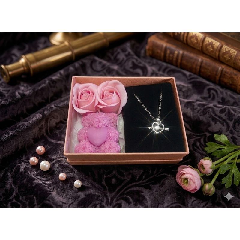 Market - Cadouri - Pachete si cosuri cadou - Set Cadou "Eternal Love" - Ursuleț de Spumă, 2 Trandafiri și Lanț Inimă cu Săgeată, Roz - Infinity.ro