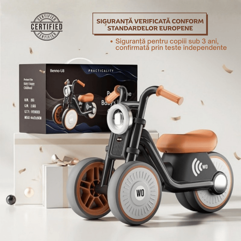 Jucarii, Copii si Bebe - Jucarii si jocuri - Jucarii de exterior - Masinute si vehicule pentru copii - Motocicletă fără pedale pentru copii, bicicletă pentru echilibru cu lumini și muzică, roți duble, pentru 18+ luni - Infinity.ro