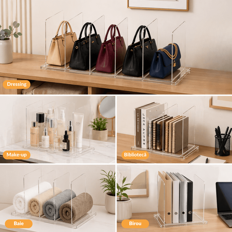 Casa si Gradina - Mobilier - Organizare si depozitare - Organizatoare pentru sertare si dulapuri - Organizator posete transparent, suport depozitare genti cu separatoare, anti-alunecare, pentru dulap, dressing sau raft - Infinity.ro