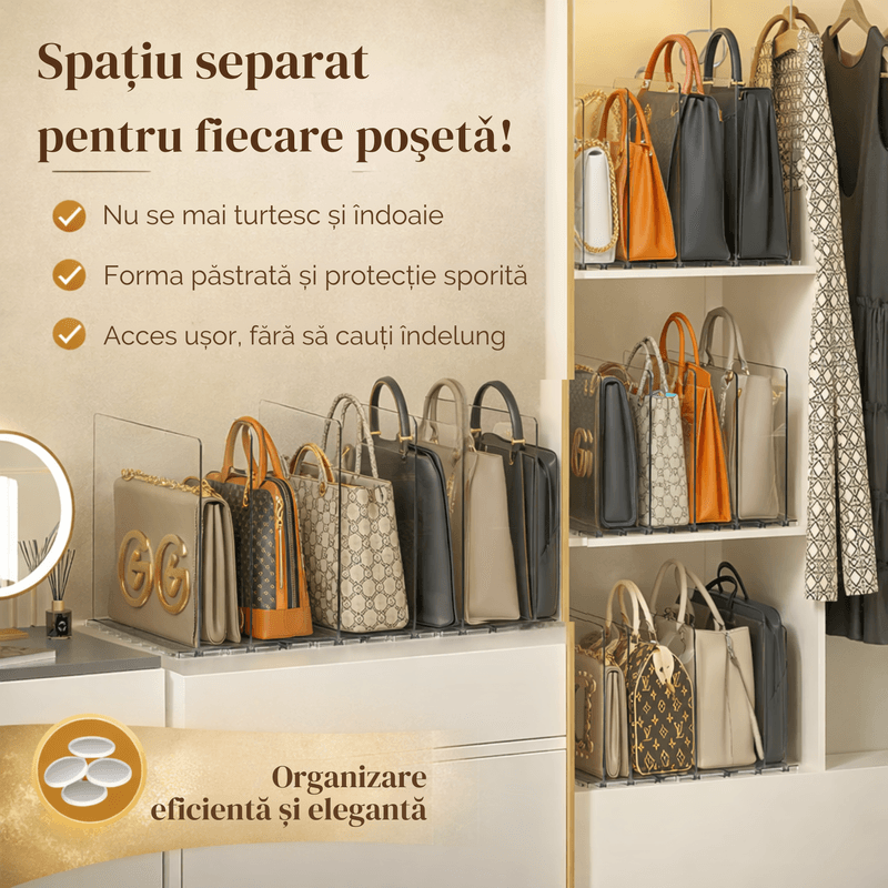 Casa si Gradina - Mobilier - Organizare si depozitare - Organizatoare pentru sertare si dulapuri - Organizator posete transparent, suport depozitare genti cu separatoare, anti-alunecare, pentru dulap, dressing sau raft - Infinity.ro