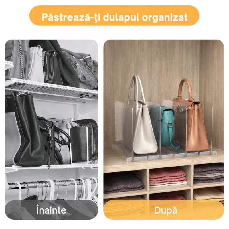 Casa si Gradina - Mobilier - Organizare si depozitare - Organizatoare pentru sertare si dulapuri - Organizator posete transparent, suport depozitare genti cu separatoare, anti-alunecare, pentru dulap, dressing sau raft - Infinity.ro