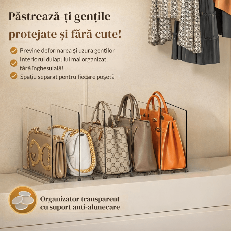 Casa si Gradina - Mobilier - Organizare si depozitare - Organizatoare pentru sertare si dulapuri - Organizator posete transparent, suport depozitare genti cu separatoare, anti-alunecare, pentru dulap, dressing sau raft - Infinity.ro